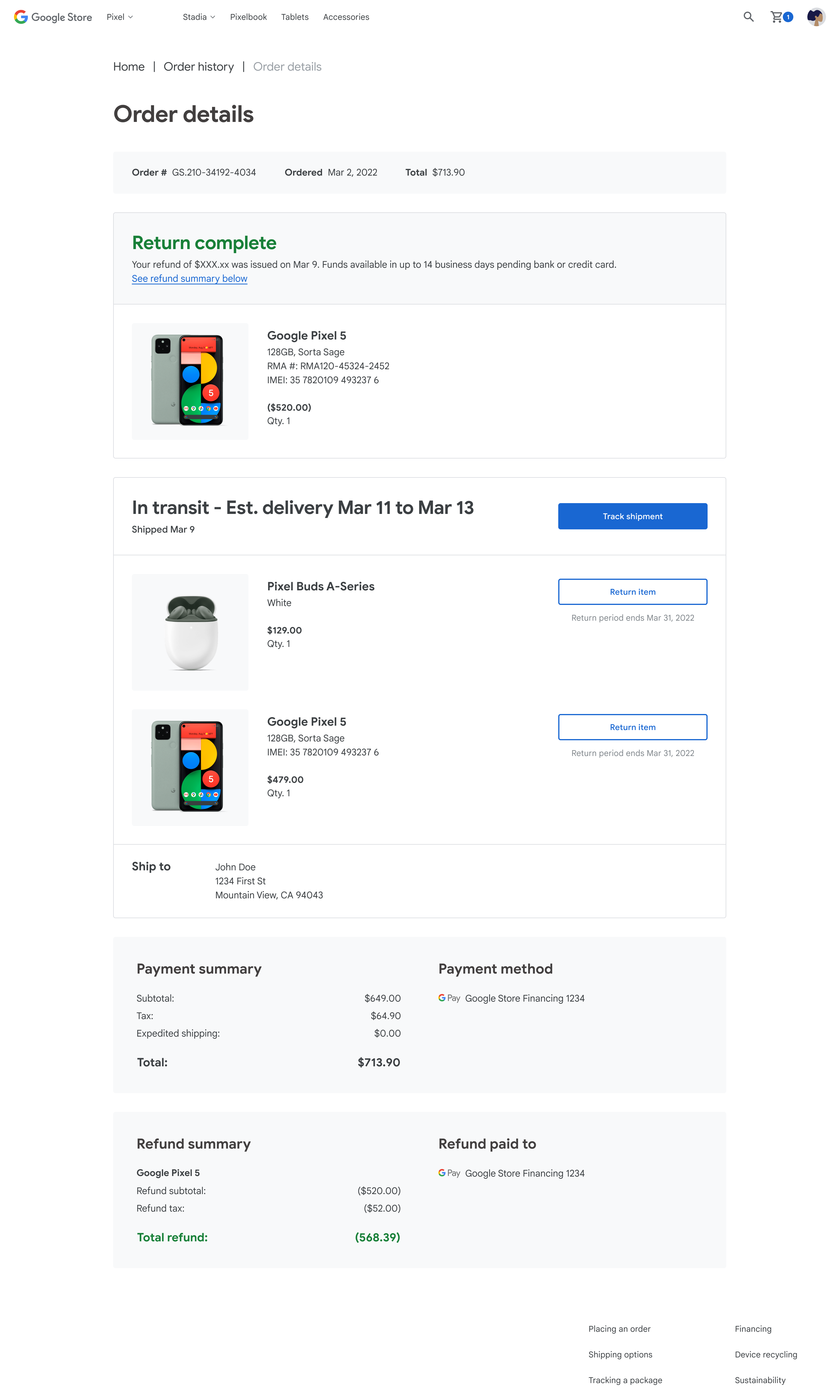 Google Store Order Details page